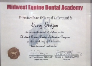 Terry's diploma from Midwest Equine Dental Acadamy